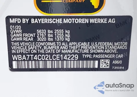 2020 BMW 740I xDrive из США, поврежденный, VIN WBA7T4C02LCE14229